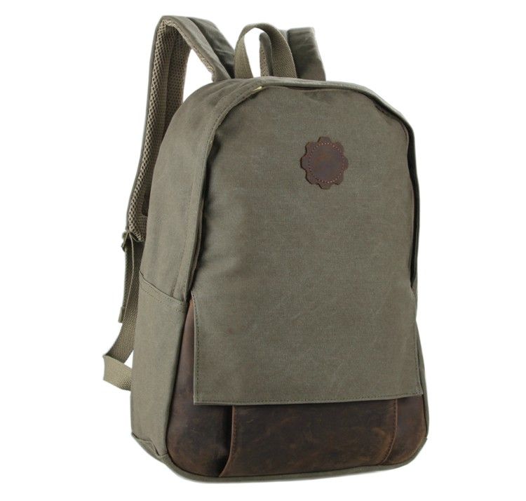9004N Newest Canvas And Leather Travel Backpack Bookbag Schoolbag Hiking Casual Bag Army Green Color