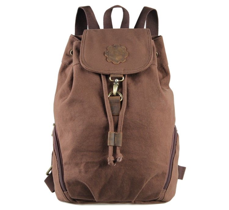 9008C Mini Canvas And Leather Men Travel Bag Backpack Coffee Color