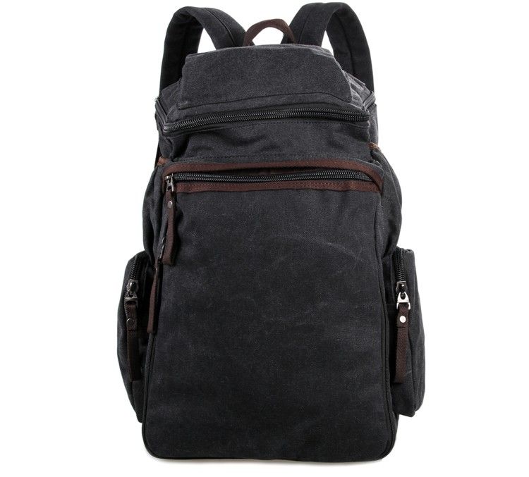 9016A New And Casual Canvas And Leather Travel Backpack Bookbag Schoolbag Hiking Bag Black Color