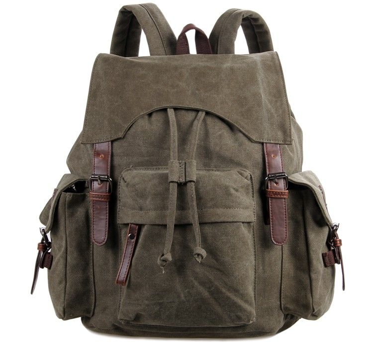 9017N Canvas And Leather Lady&Man Trendy Backpack Bag Army Green Color_Backpacks_Canvas