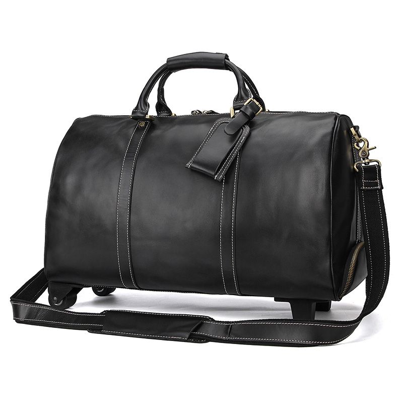 7077LA High Quality Black Cow Leather Trolley Travel Bag