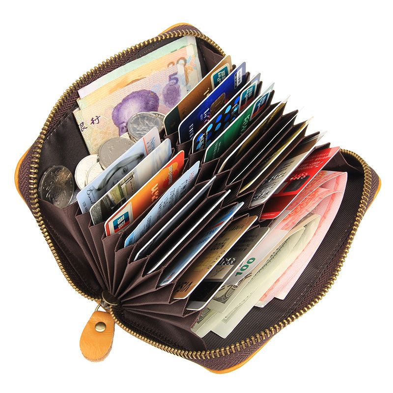 R-8439D Brown-yellow Real Cow Leather Card Holder with Money Pocket