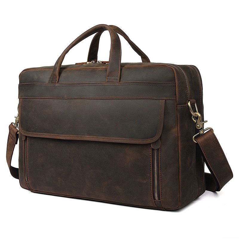 7391R Dark Brown 100% Crazy Horse Leather Laptop Briefcase Large Capacity Men Business Travel Bag 