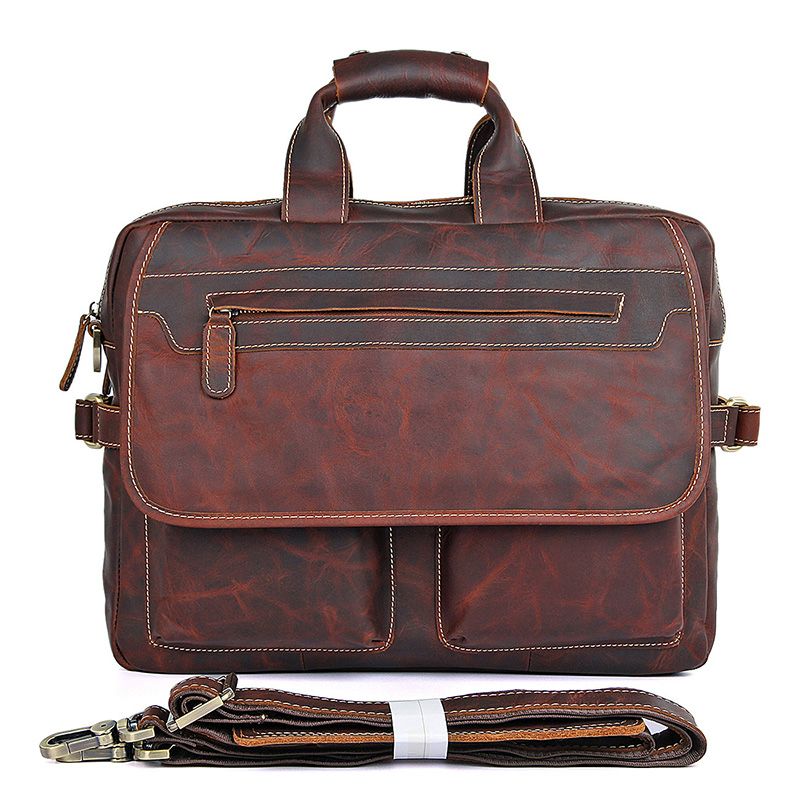 7085Q Durable Brown Red Genuine Leather Men's Briefcase Laptop Handbag China Supplier 