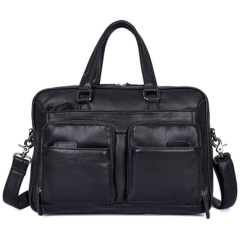 7373A Genuine Leather Cowhide Black Laptop Bag Office Handbag