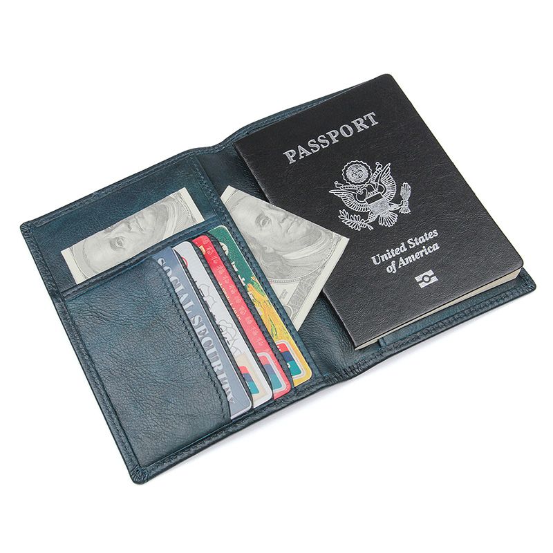 R-8190K Blue 100% Cow Leather Passport Holder Card Holder