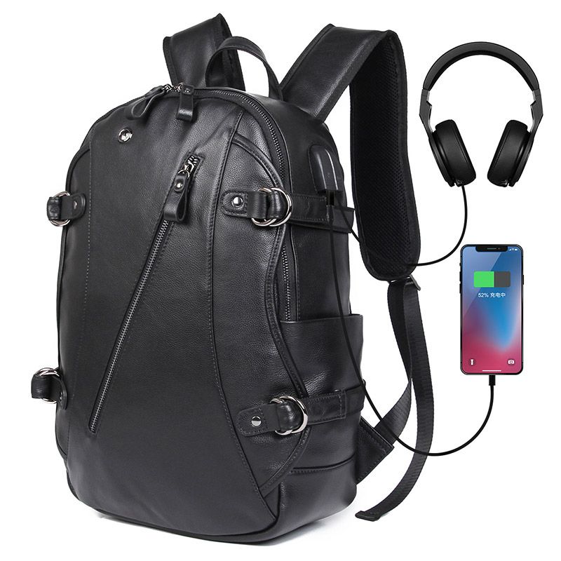 2018A 100% Cow Leather Power and USB Function Black Backpack