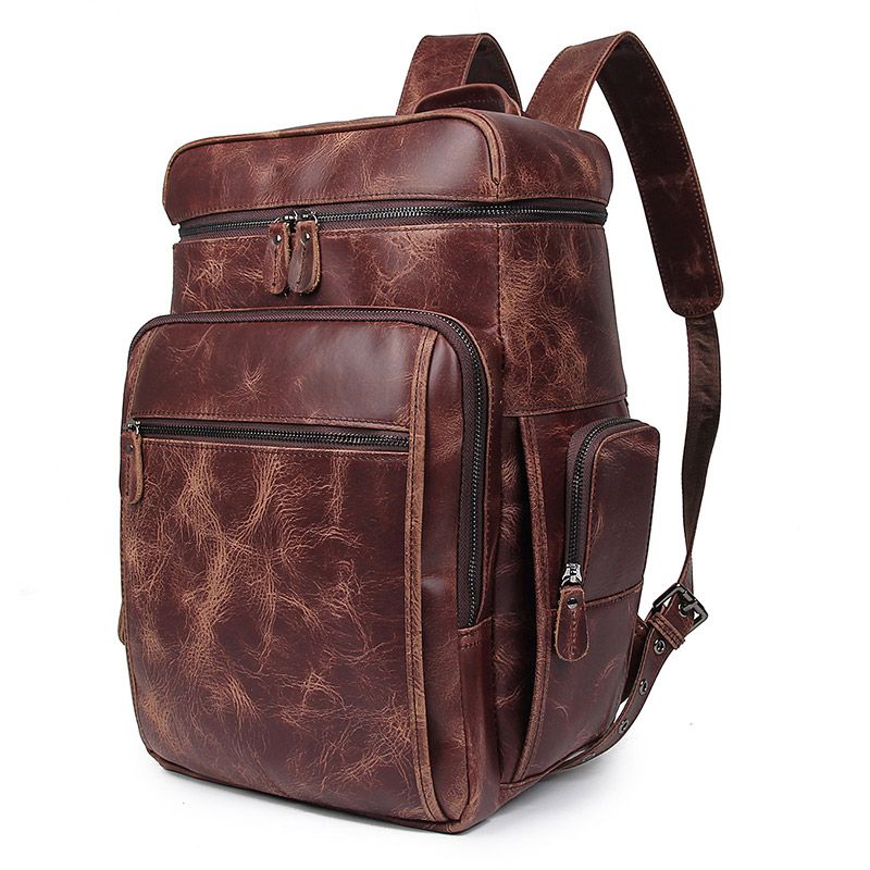 7202Q Chocolate Good Shape Genuine Leather Style Men's Hiking Backpack Big Capacity Travel Knapsack