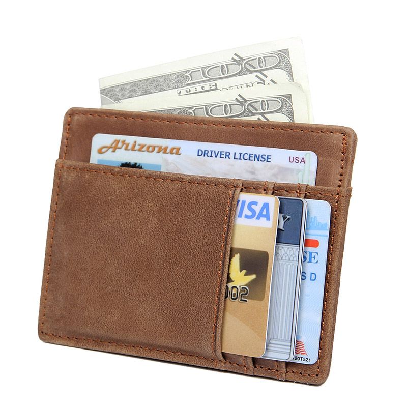 R-8102B Brown Genuine Cow Leather RFID Wallet Card Holder 