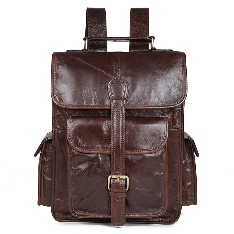 7283C-1 100% Genuine Leather Brown Schoolbag Hiking Backpack 