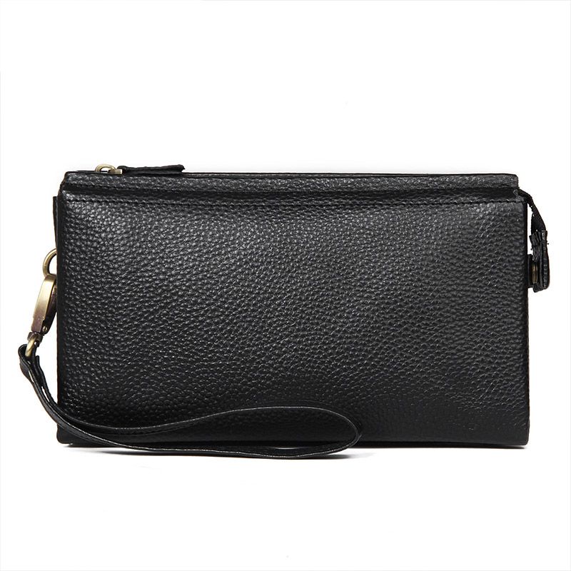 8071A-2 Black Soft Top Grain Leather Wallet Clutch Bag Purse for Men 