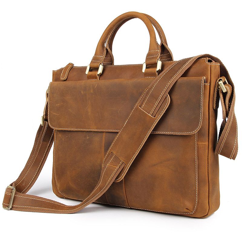 7113B-2 New Brown Color Real Crazy Horse Leather Men's Brown Briefcase Handbag Shoulder Laptop bag