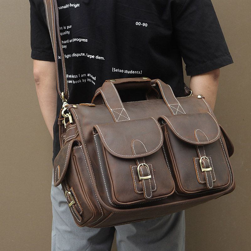 7106R Cowboy Crazy Horse Leather Men's Brown Briefcase Laptop Hand Bag ...