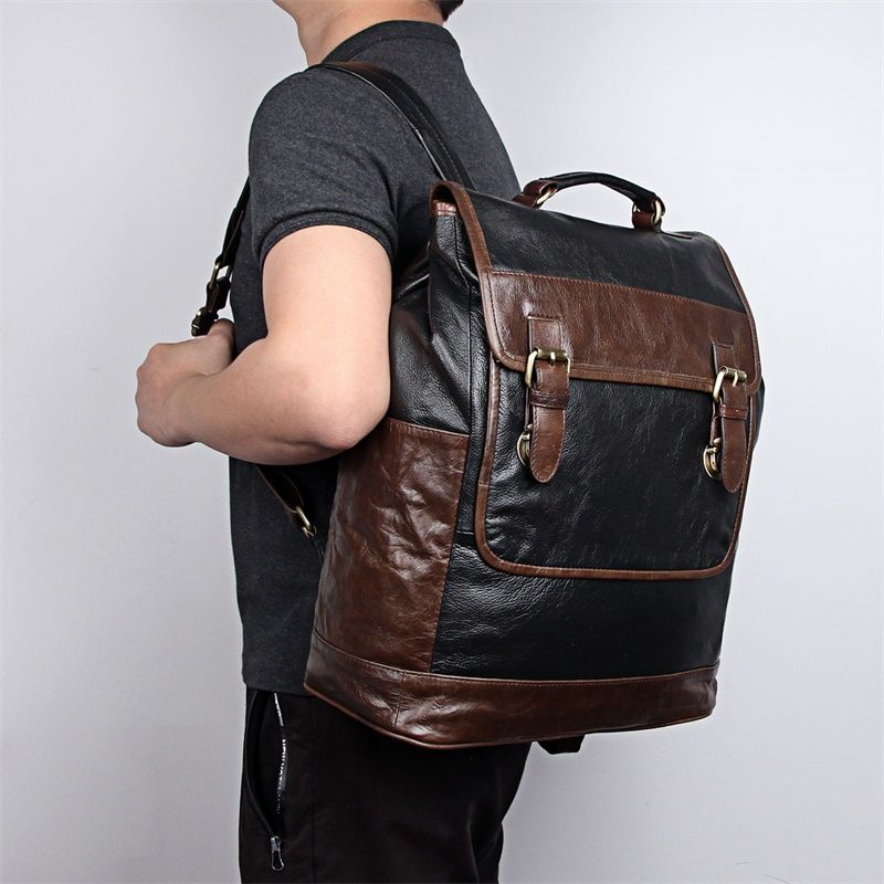 7305J Colored Cow Leather Men's Laptop Backpack Grey+Coffee Hiking ...