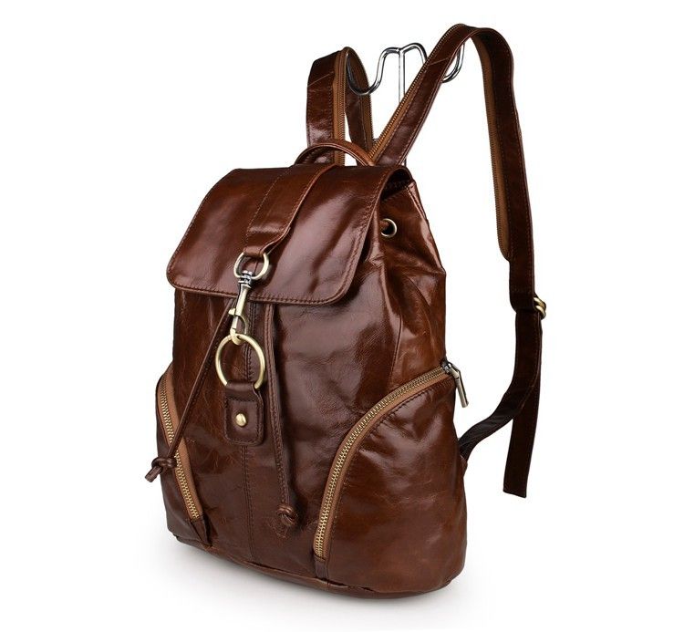 7286B 100% Genuine Brown Leather Hiking Backpack Flap-over with Buckle ...