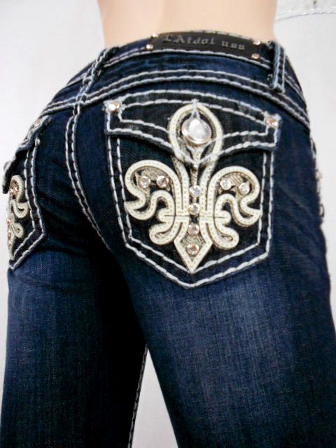 Women LA Idol Jeans Leather rhinestone Fleur De Lis Tribal Bootcut ...